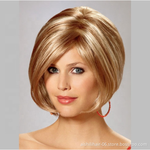Wholesale Synthetic wigs Silky straight short mixed color brown and gold hair synthetic hair wigs for women